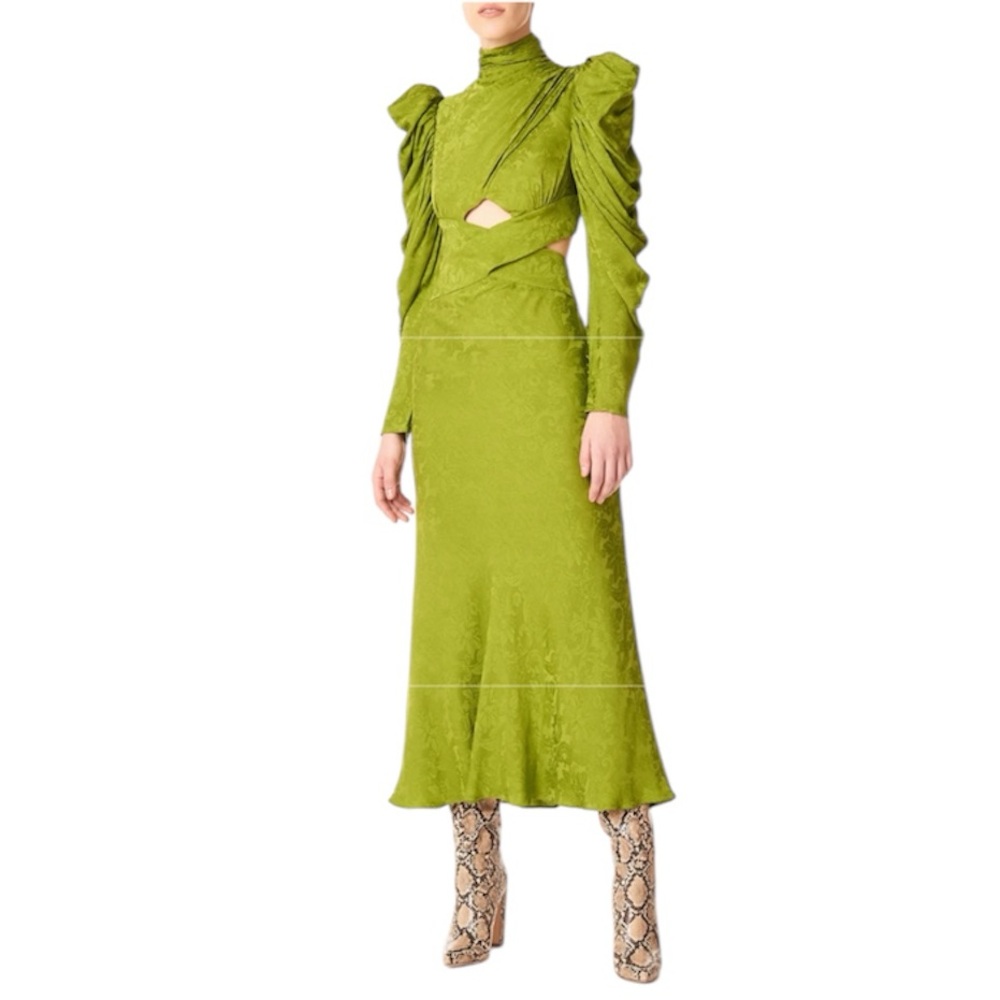 AMUR Giana Dress Green Jacquard Cutout Midi Puff Sleeve Size 6